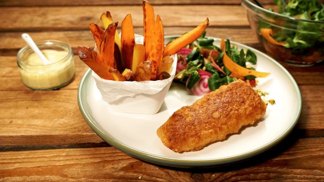 Vis met patat en groenten