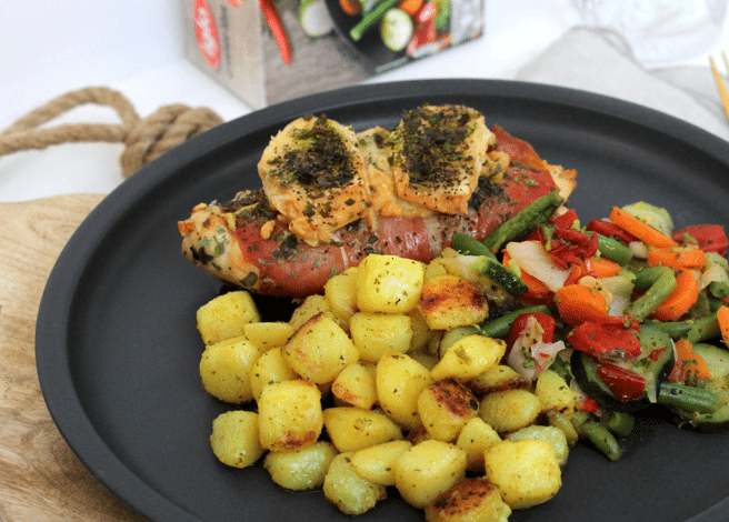 Italiaanse groenten met krieltjes, kip en Parmaham